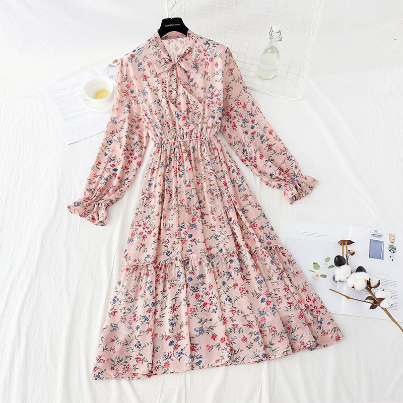 Bow Elastic Waist floral dress Ruffle  4815