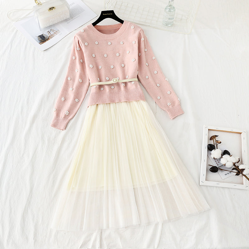 Knitted Pullover Sweater + mesh bottomed skirt medium length two piece suit  4773