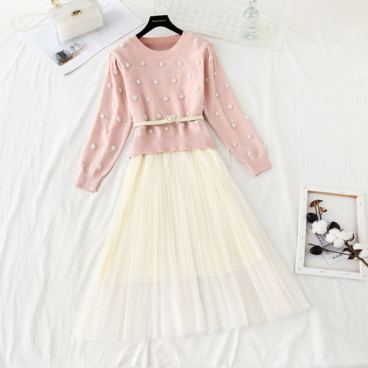 Knitted Pullover Sweater + mesh bottomed skirt medium length two piece suit  4773