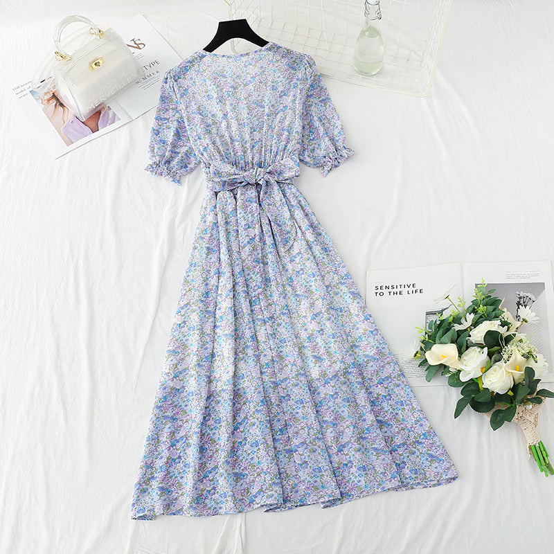 New French gentle V-neck Bubble Sleeve Chiffon fairy skirt  4876