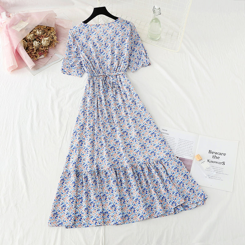 Floral Chiffon Dress gentle wind long skirt sweet V-neck  4859