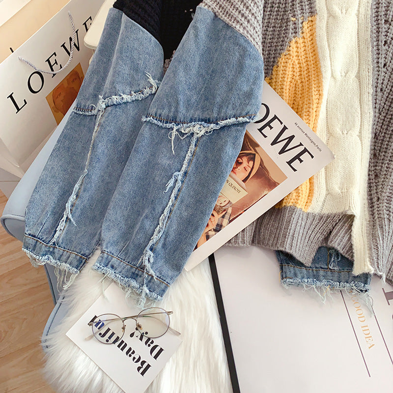 Denim sleeve stitched sweater niche sweater top  4923