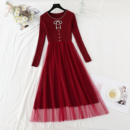 The new waist is slim and retro mesh stitched sweater skirt  4781