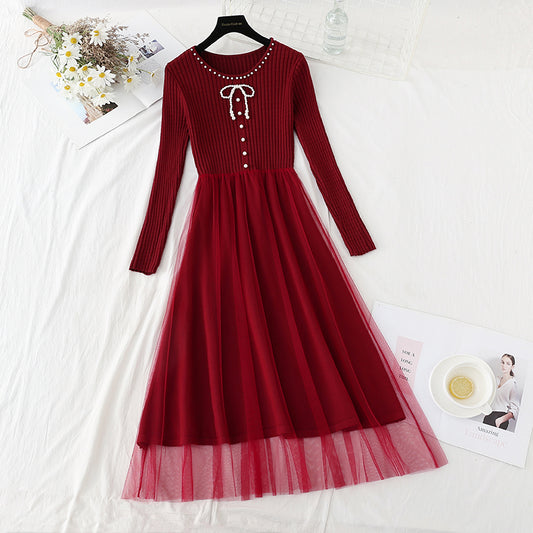 The new waist is slim and retro mesh stitched sweater skirt  4781