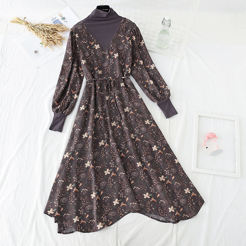 High neck floral dress with coat stitching  4783