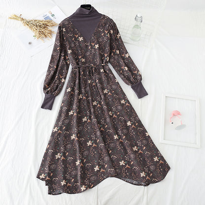 High neck floral dress with coat stitching  4783