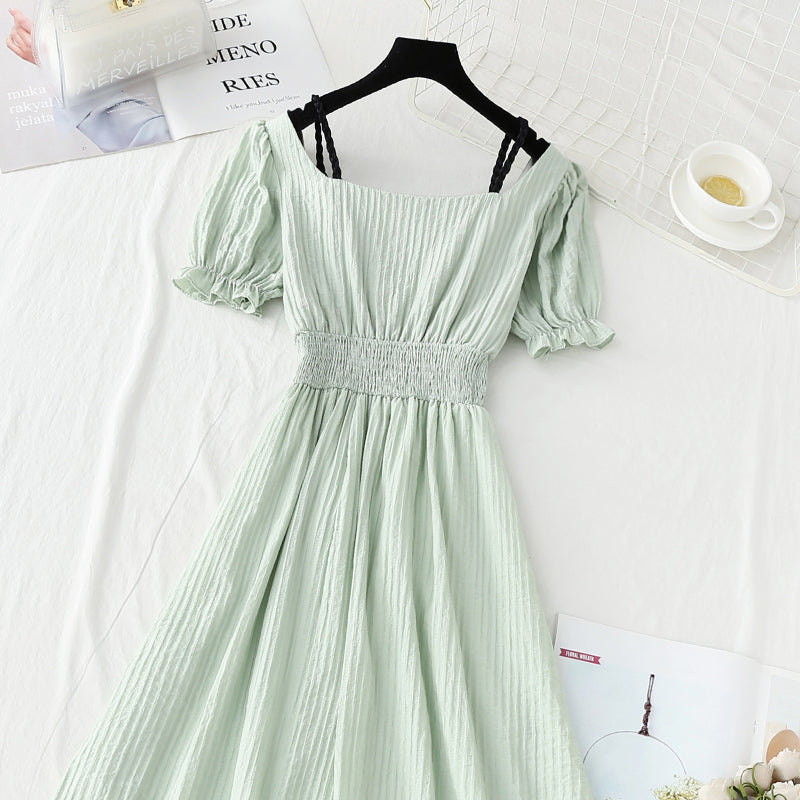 New French retro long skirt small fresh bubble sleeve fairy skirt  4904