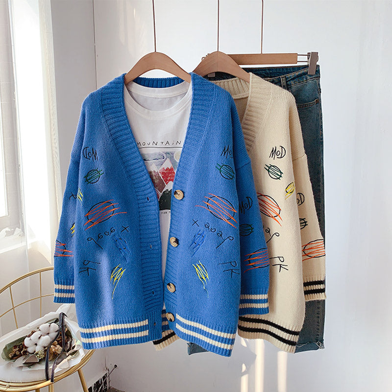 Net red knitted cardigan loose and lazy outside  4983