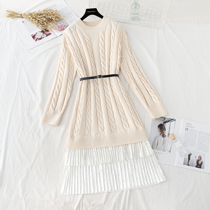 New lace up stitching fake two pleated inner bottom sweater skirt  4755