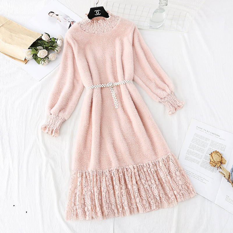 New style lace stitched knee length mink sweater with bottom skirt  4767