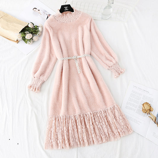 New style lace stitched knee length mink sweater with bottom skirt  4767