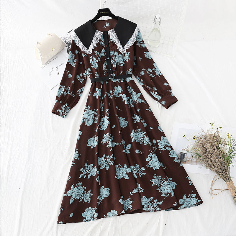 Slim temperament gentle wind retro Lapel lace stitched Chiffon Skirt  4809