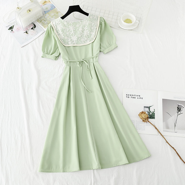 Lace doll Neck Chiffon Dress with slim waist  4855