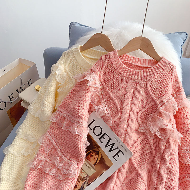 Lace stitching lace design sense niche sweater  5023