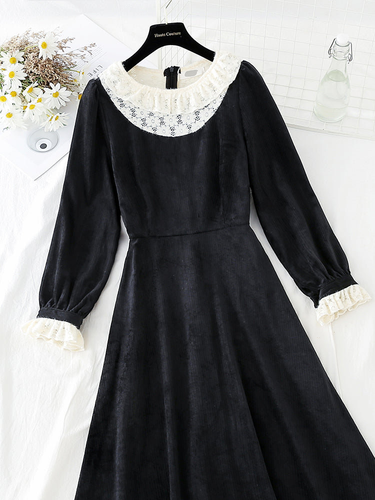 Lace collar velvet dress Retro High Waist slim  4795