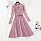 Hollow out pearl button slim waist over knee wool dress  4751