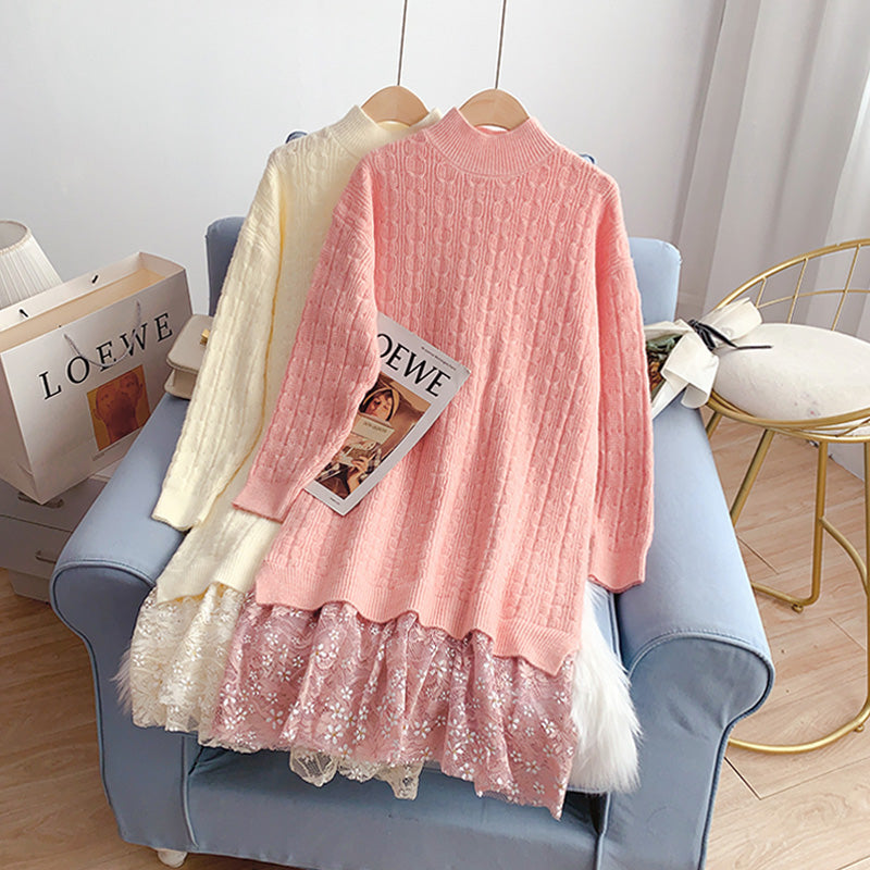 Wollkleid mit Spitzennähten, Strickkleid 5054