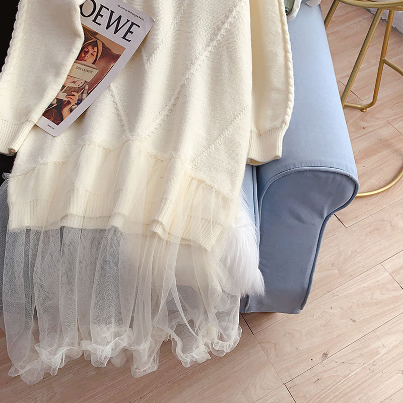 Mesh stitched loose long wool dress  4941