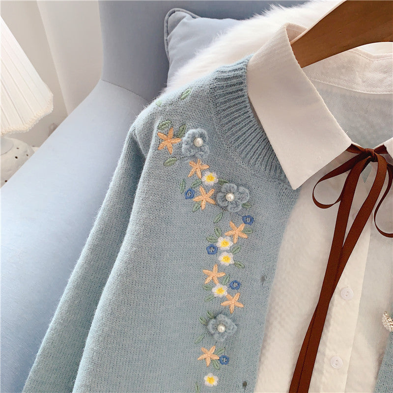 Gentle Fengsen Department Pullovermantel mit handgestickten Blumen 5053 