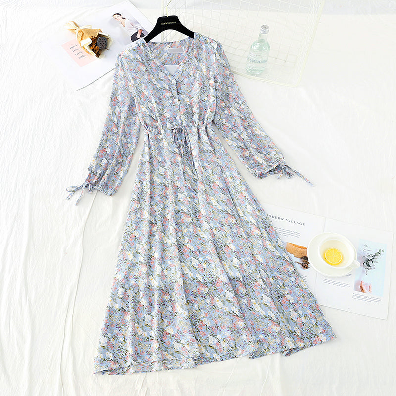New long sleeve waistband lace up thin Chiffon gentle wind Floral Dress  4719