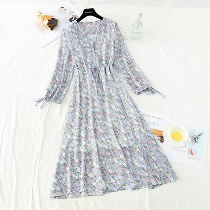 New long sleeve waistband lace up thin Chiffon gentle wind Floral Dress  4719