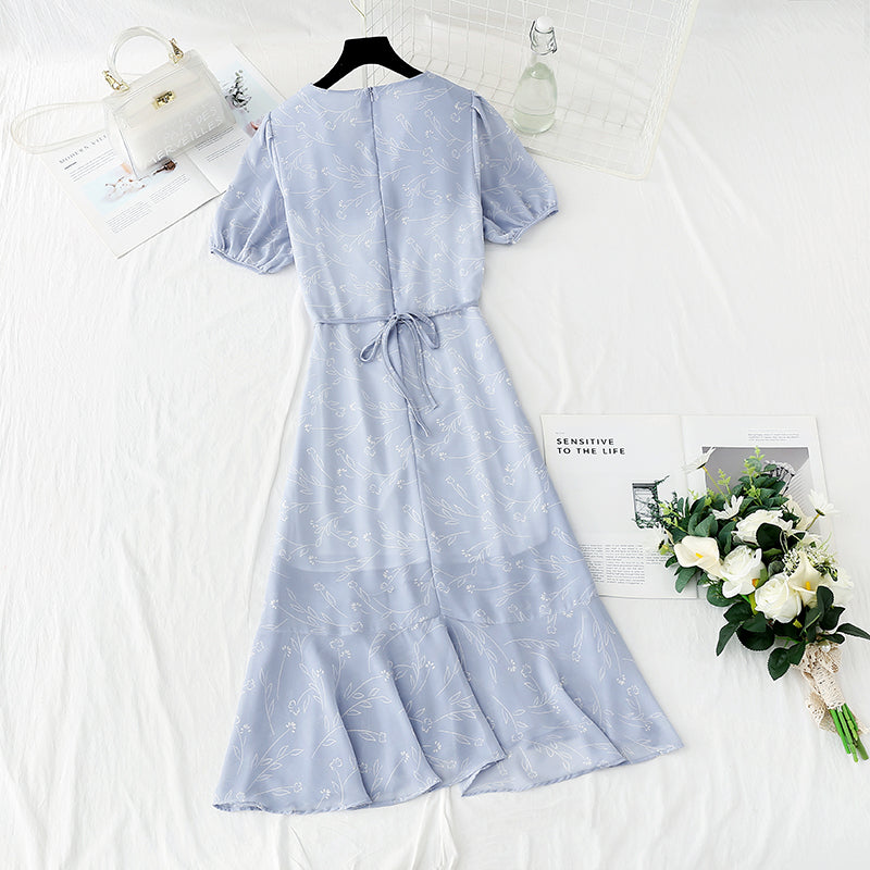 French V-neck slim Chiffon fishtail Ruffle Skirt  4853