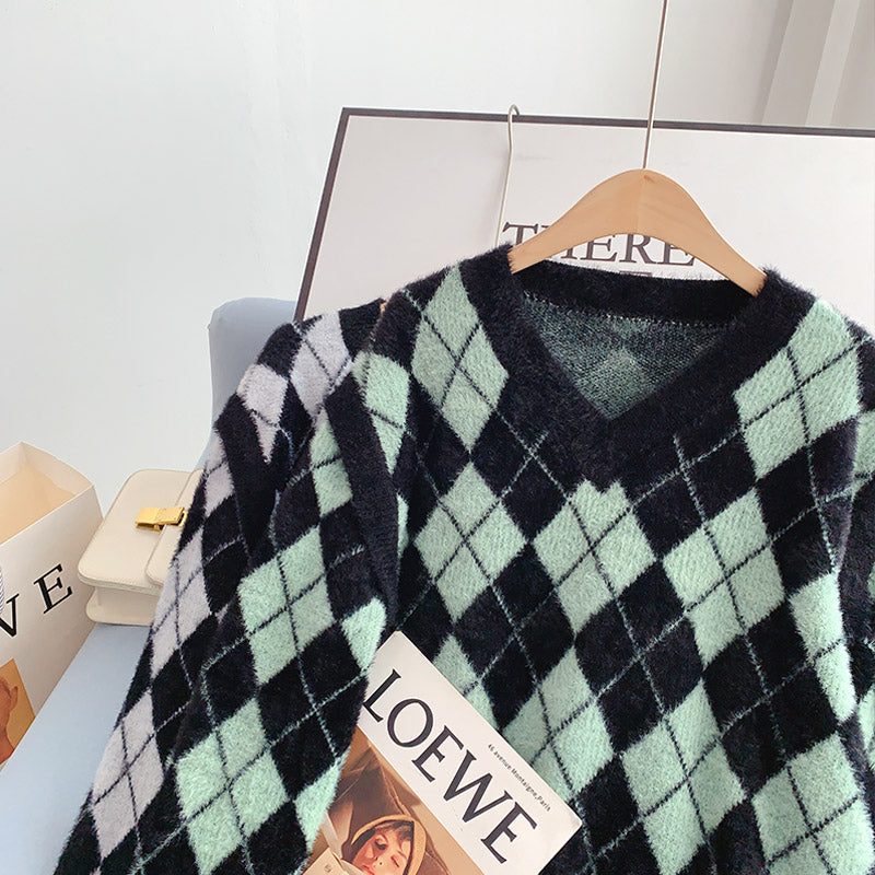 Sweet lazy wind imitation mink velvet checkered sweater  5006