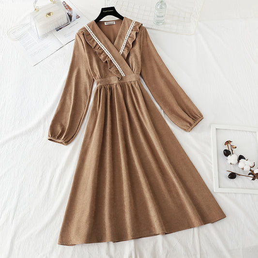 New Ruffle age reducing slim corduroy dress  4753