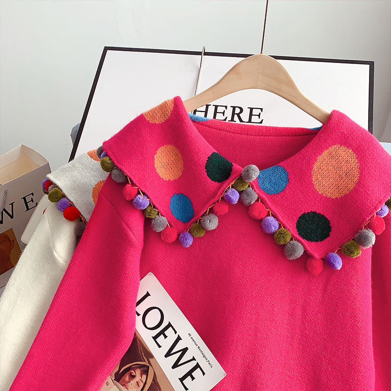 Aging-Pullover mit großem Revers und farbigem Ball 4951