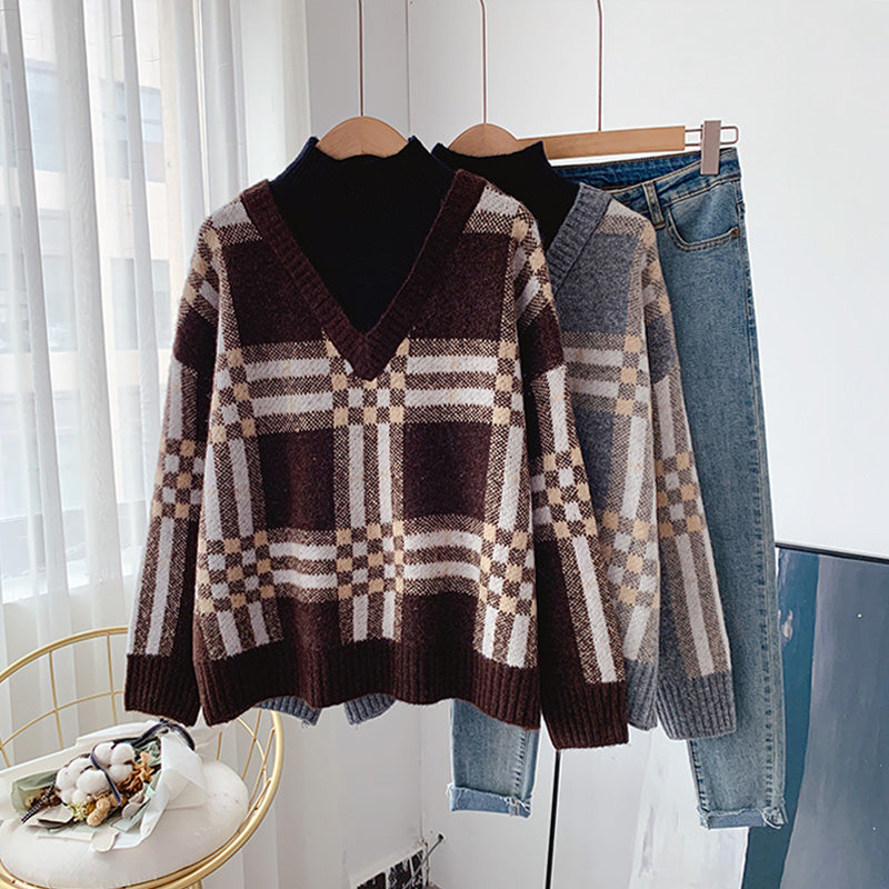 Vintage Plaid half high neck sweater  5033