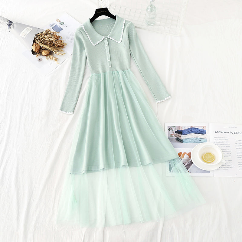 New age reduced doll neck mesh stitched knee length sweater skirt  4738