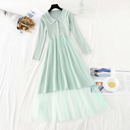 New age reduced doll neck mesh stitched knee length sweater skirt  4738