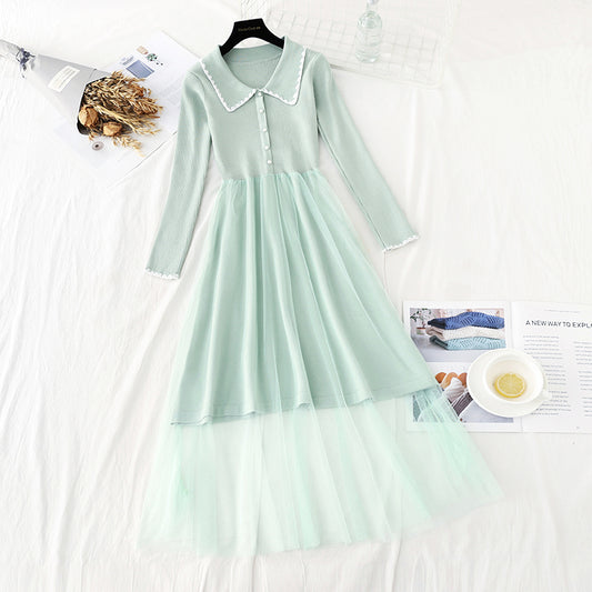 New age reduced doll neck mesh stitched knee length sweater skirt  4738