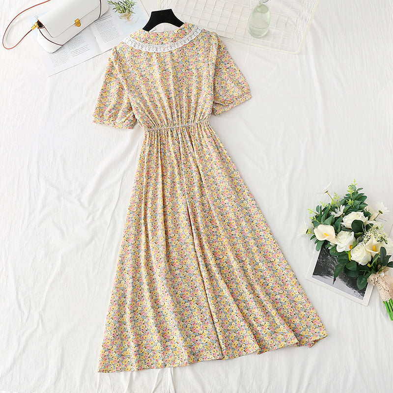 Sweet lace doll neck floral dress gentle wind dress  4856