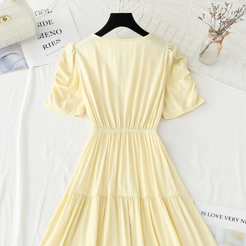 New French style square neck bubble sleeve fairy skirt with slim temperament  4900