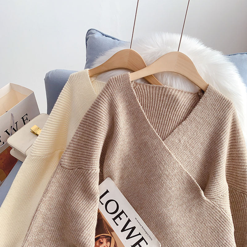 Koreanischer Pullover mit V-Ausschnitt Vintage lockeres faules Top 4971