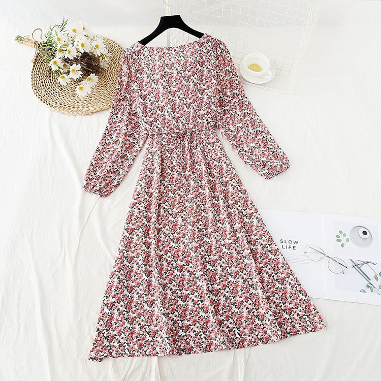 French tea break retro square collar niche chiffon long skirt  4836