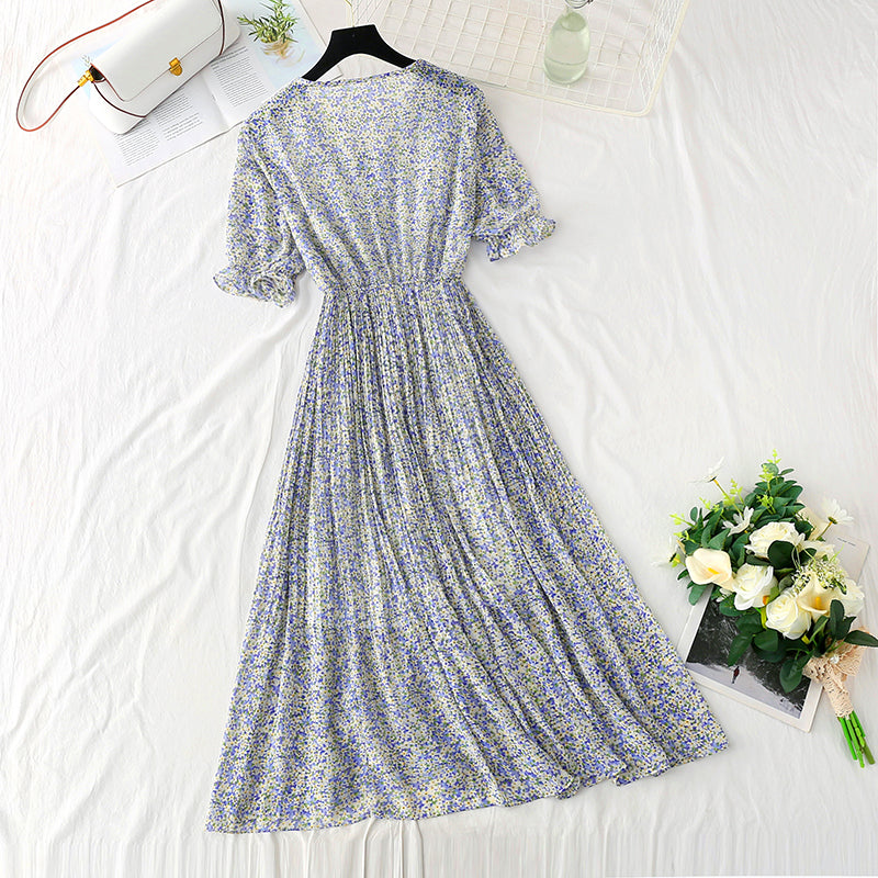 New doll neck Floral Chiffon pleated French retro fairy skirt  4880