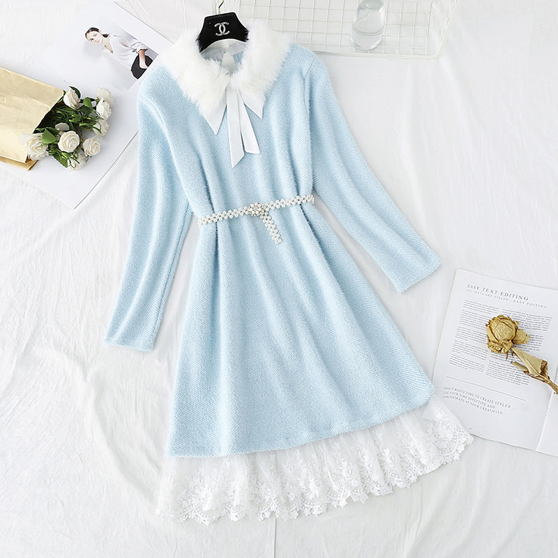 Seahorse wool knitted dress fake two pieces of stitched lace  4777