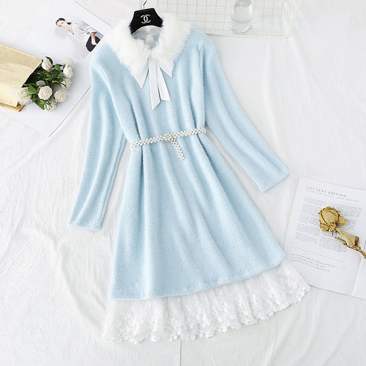 Seahorse wool knitted dress fake two pieces of stitched lace  4777