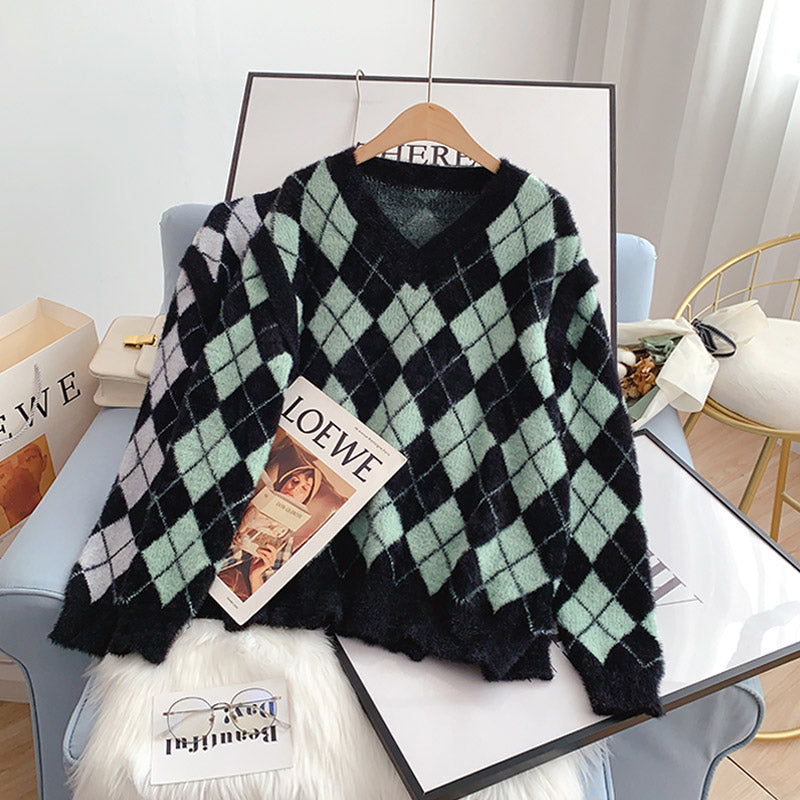 Sweet lazy wind imitation mink velvet checkered sweater  5006