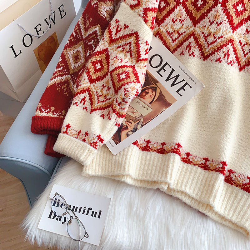 Vintage Lingge lazy wind Red Christmas Sweater  4970