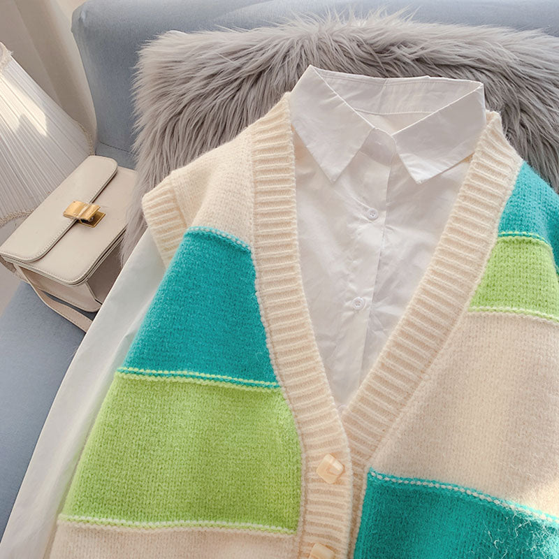 Contrast striped knitted cardigan sleeveless sweater waistcoat  4963