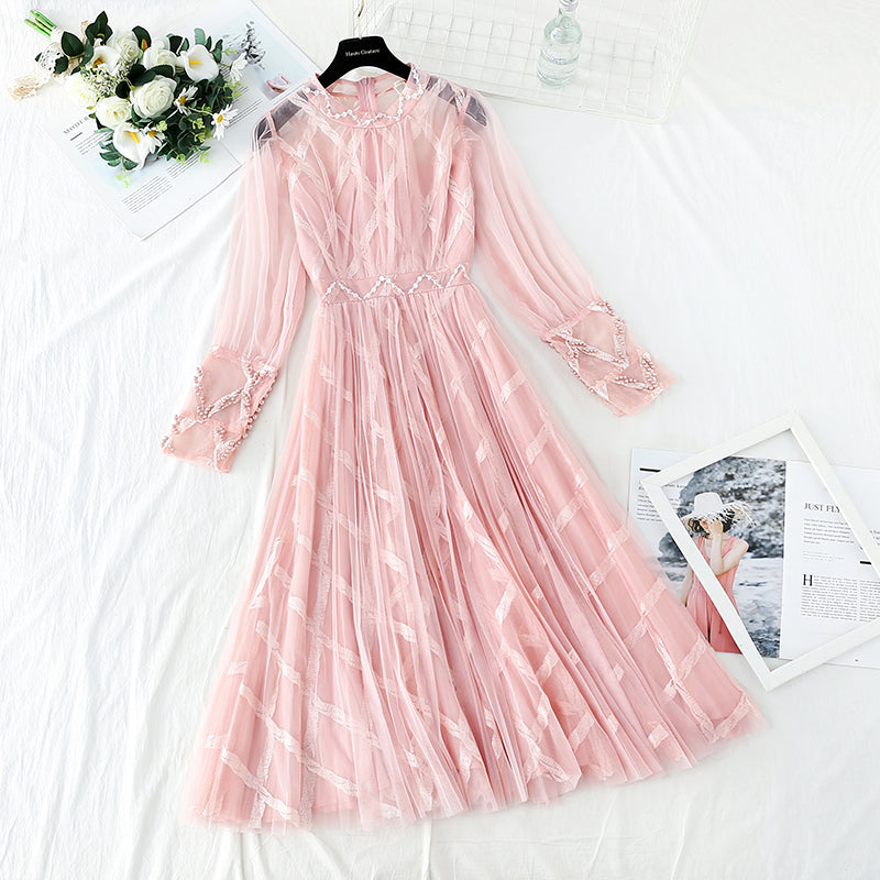 New style temperament, slim waist, sweet pearl Sequin mesh long skirt  4724