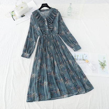 New Retro slim light mature wind broken flower pleated fairy Chiffon Skirt  4718