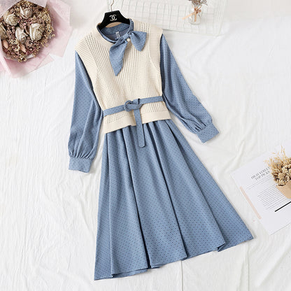 Net red Knitted Vest + Polka Dot bottomed skirt two-piece suit  4733