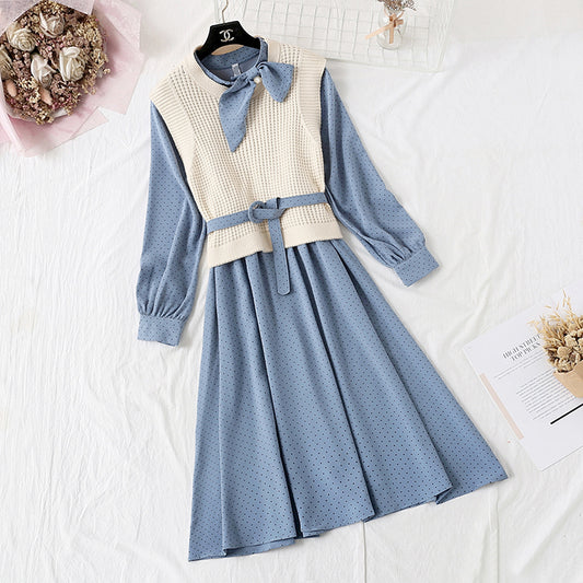 Net red Knitted Vest + Polka Dot bottomed skirt two-piece suit  4733