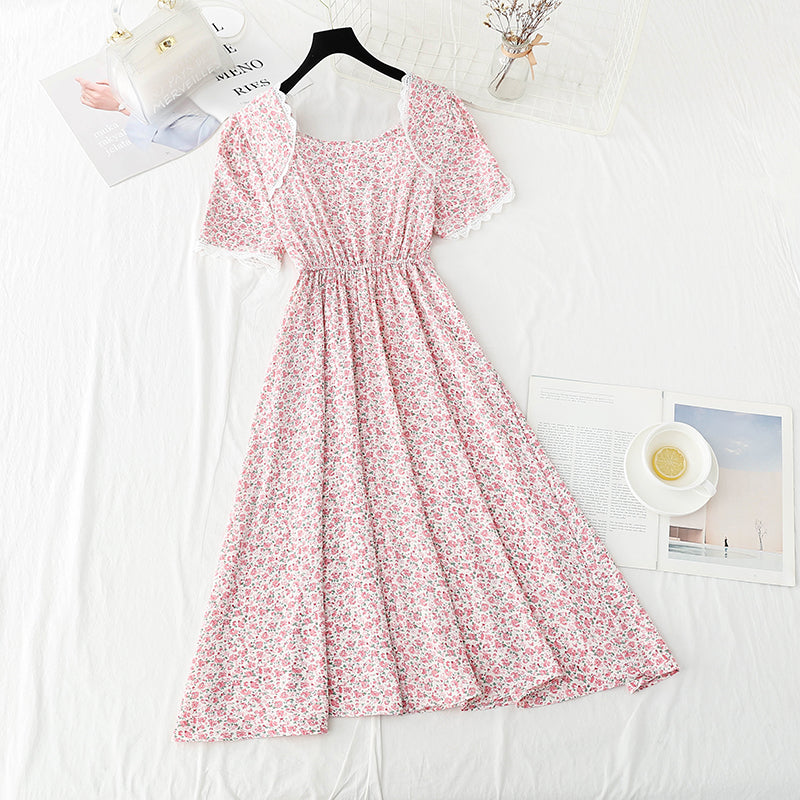 Square collar lace edge sweet floral skirt tea break temperament small skirt  4888