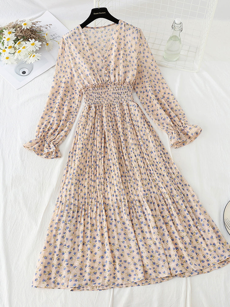 V-neck floral dress knee length skirt pleated skirt  4791