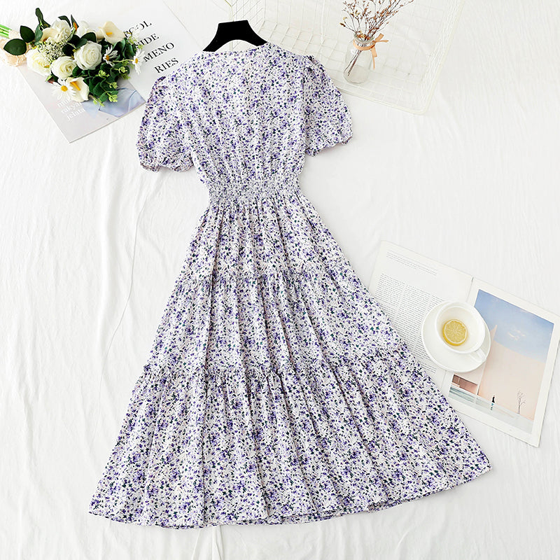 New doll collar skirt bubble sleeve floral medium length skirt  4877